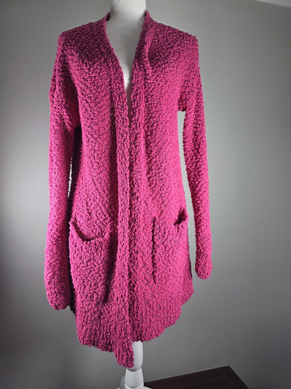 Zenana Premium Women’s Medium Hot Pink Fuzzy Open Front Cardigan Sweater